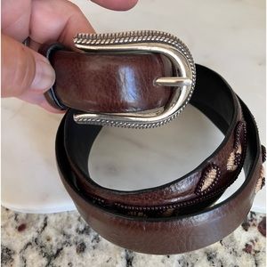 Brighton Brown Leather Belt Silver Buckle Embroidered Beaded 4008